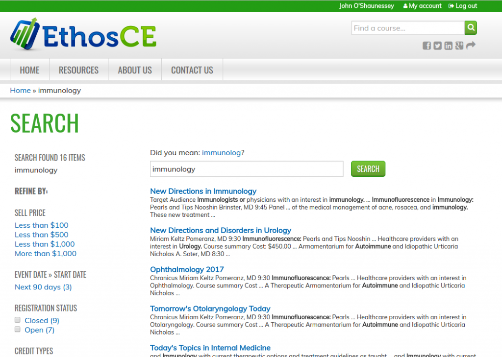 Screenshot of EthosCE search results interface.