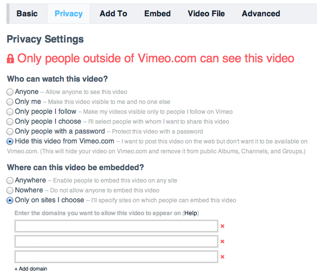 Screenhost of Vimeo security settings